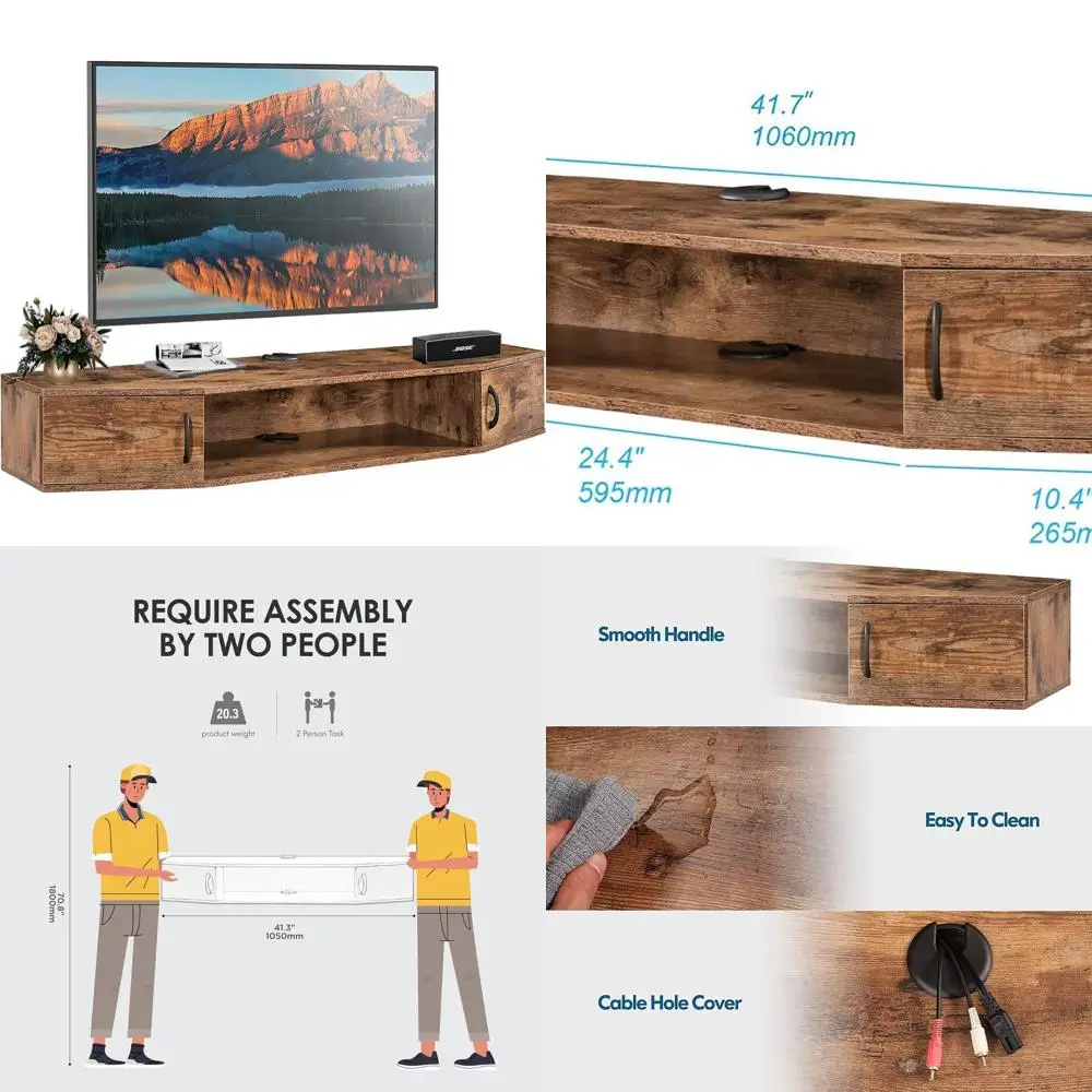 

Коричневая настенная полка для телевизора с дверцей, плавающая подставка FITUEYES для телевизоров до 60, деревянная медиаконсоль, развлекательный центр
