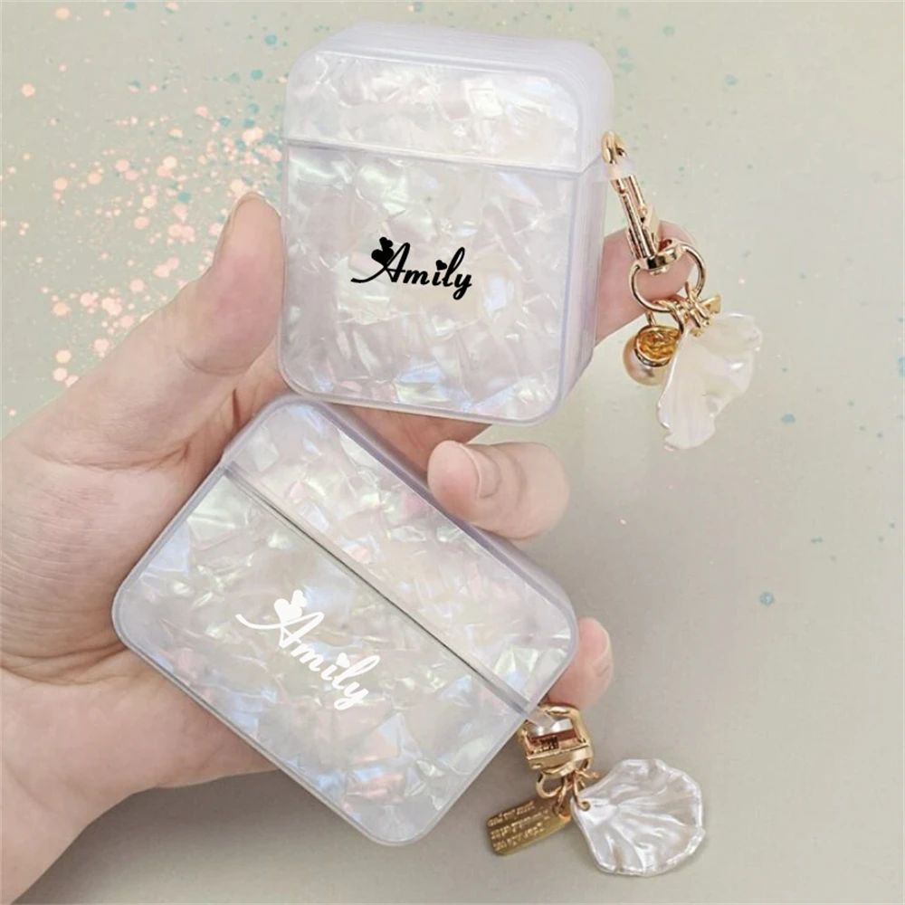 맞춤형 이름 글자 럭셔리 화이트 쉘 패턴 이어폰 케이스, 에어팟 1, 2, 3 프로 2 DIY, 비드 펜던트 포함
