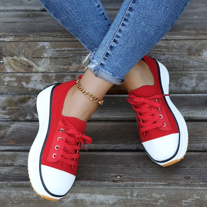 New Women Fashion Sneakers Flats Platform Shoes for Woman Shoes Stretch Fabric Breathable Ladies Casual Platform Sneakers