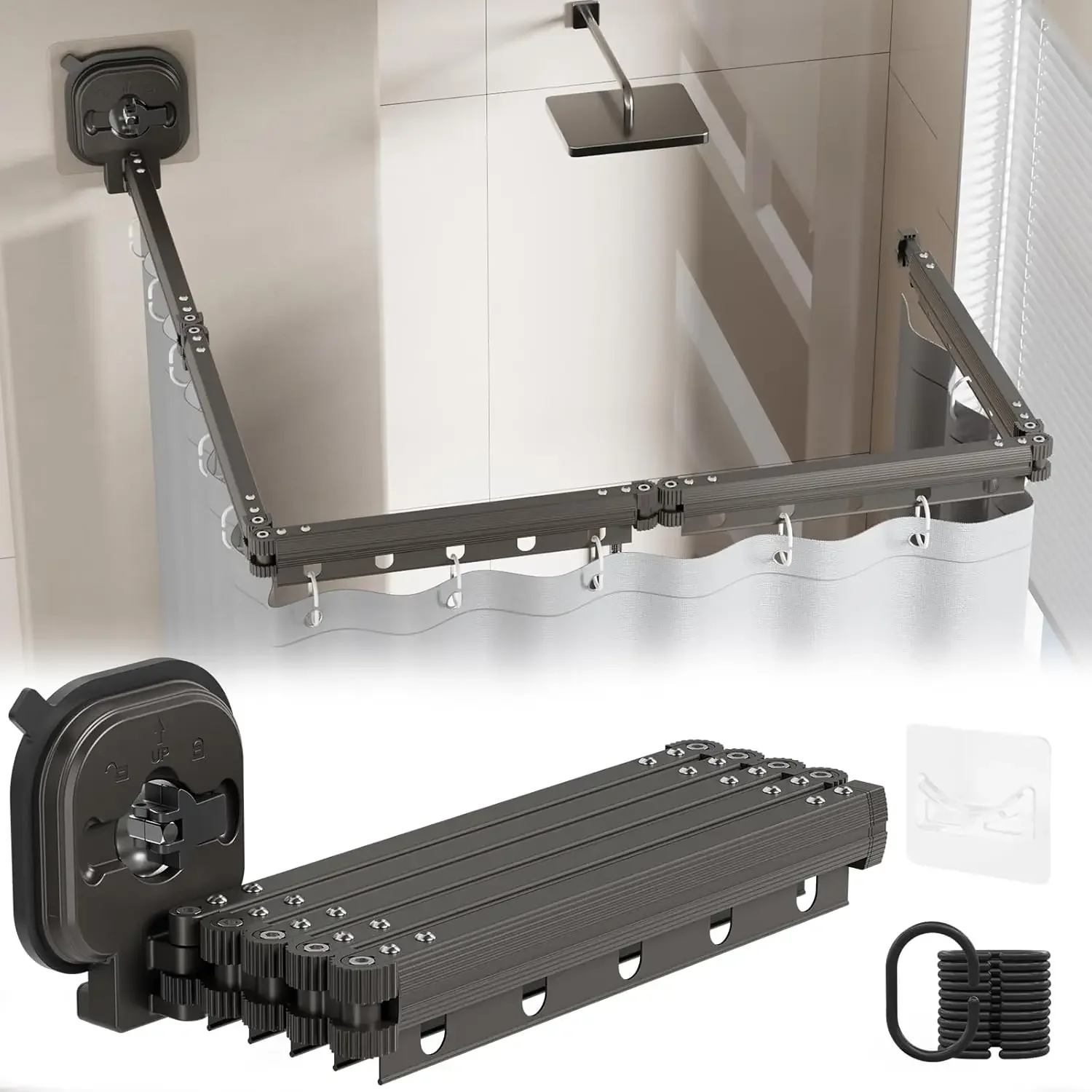 Adjustable Curved Shower Rods for Bathroom, Corner Curtain Rod No Drill, Space Saver, Suitable for RV, Clothing Store Fitting