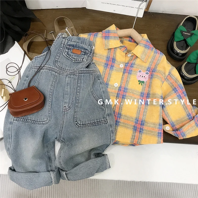 Girls' Spring and Autumn New Set Children's Clothing Autumn Outfit Baby Cartoon Plaid Shirt Vintage Distressed Denim Back