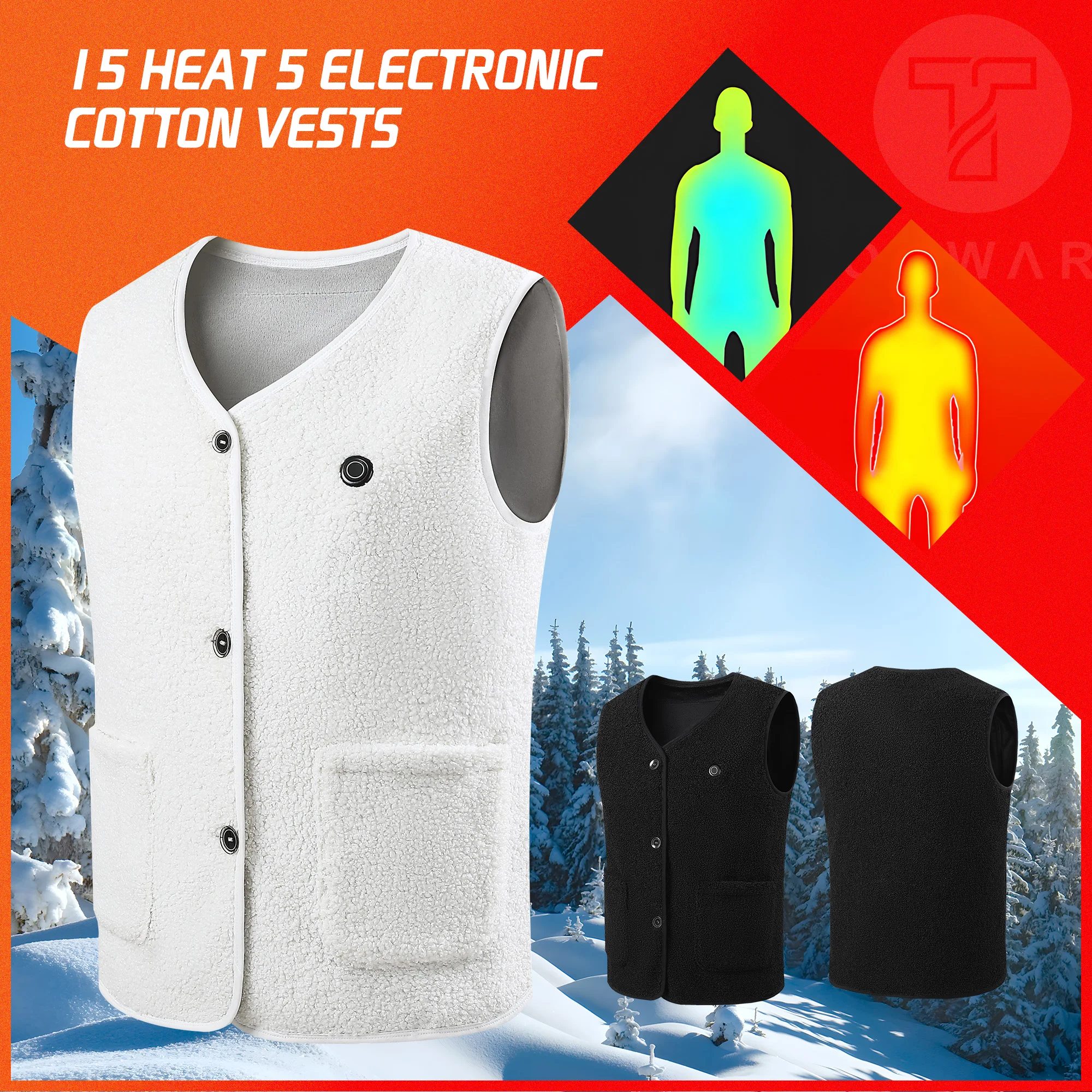 TODWARM Electric Heated Vest 15 Heating Areas Intelligent Heating Jackets Windproof Washable USB Charging Winter Sports Hiking