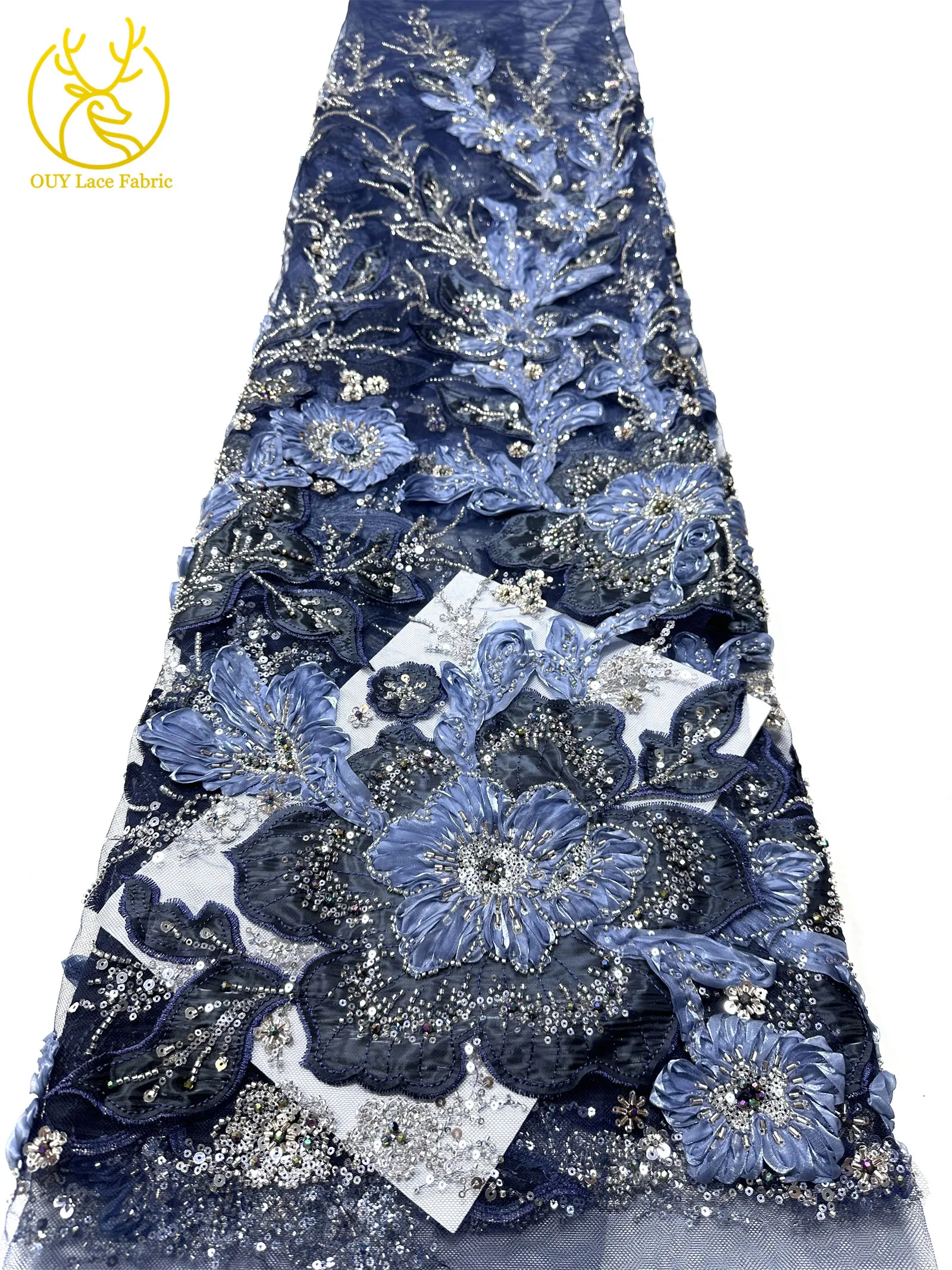 Marineblauer, wunderschöner afrikanischer Spitzenstoff mit Perlen und Pailletten, 3D-Blume, nigerianischer hochwertiger Tüll-Mesh-Spitzenstoff für Ballkleider, 5Y – Detail 18