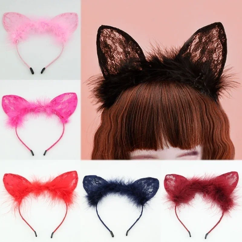 

1Pc Cat Ears Feathers Lace Fox Ears Headbands Women Cute Costume Kids Hairbands Dance Party Headwear Hair Accessories