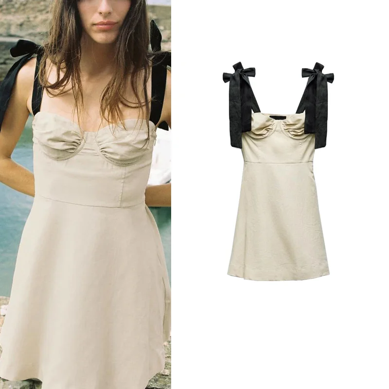 春ファッション スウィート タイト バストアップスタイル ミックスカラー 蝶結び飾り ワンピース ポリエステル繊維00% レディースワンピース