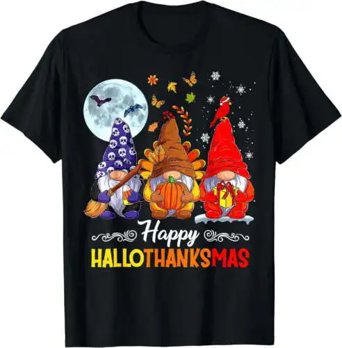 Halloween Thanksgiving Christmas Happy HalloThanksMas Gnomes T-Shirt Black Large