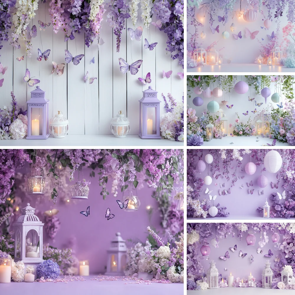 

Dreamy Purple Butterfly Photography Backdrop Wisteria Blooming Flowers Lanterns Candle Children Birthday Photo Shoots Background