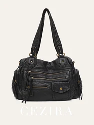 Vintage Women Unisex Brush-off Color Washed PU Vegan Leather Zip Pockets Shoulder Cross body Bag Large Retro Casual Daily Travel