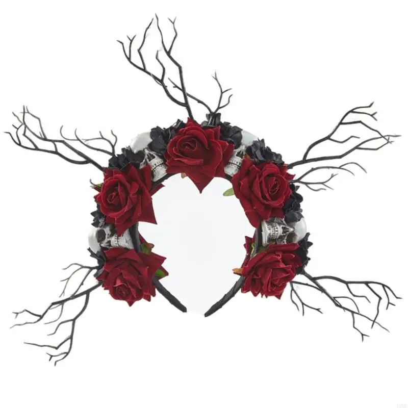 

49MF Goth Flower Crowns Skull Headband Tree Branch Headband Flower Antlers