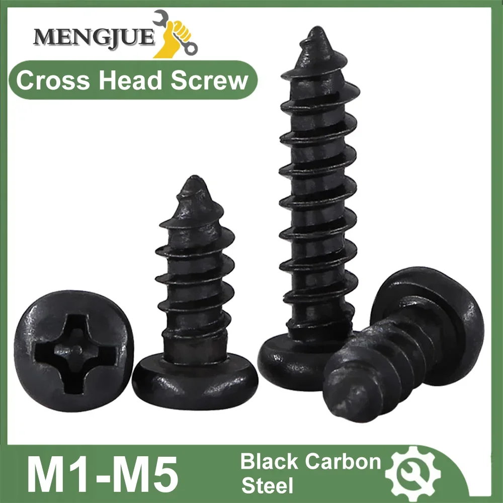 100pcs Black Carbon Steel Screws M1 M1.2 M1.4 M1.5 M1.7 M2 M2.3 M2.6 M3 M3.5 M4 M5 Cross Round Head Phillips Self-tapping Screw