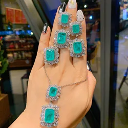 2023 New 925 Sterling Silver Paraiba Necklace Pendant Ring Earring For Women Luxury Wedding Party Fine Jewelry Set Friends Gift