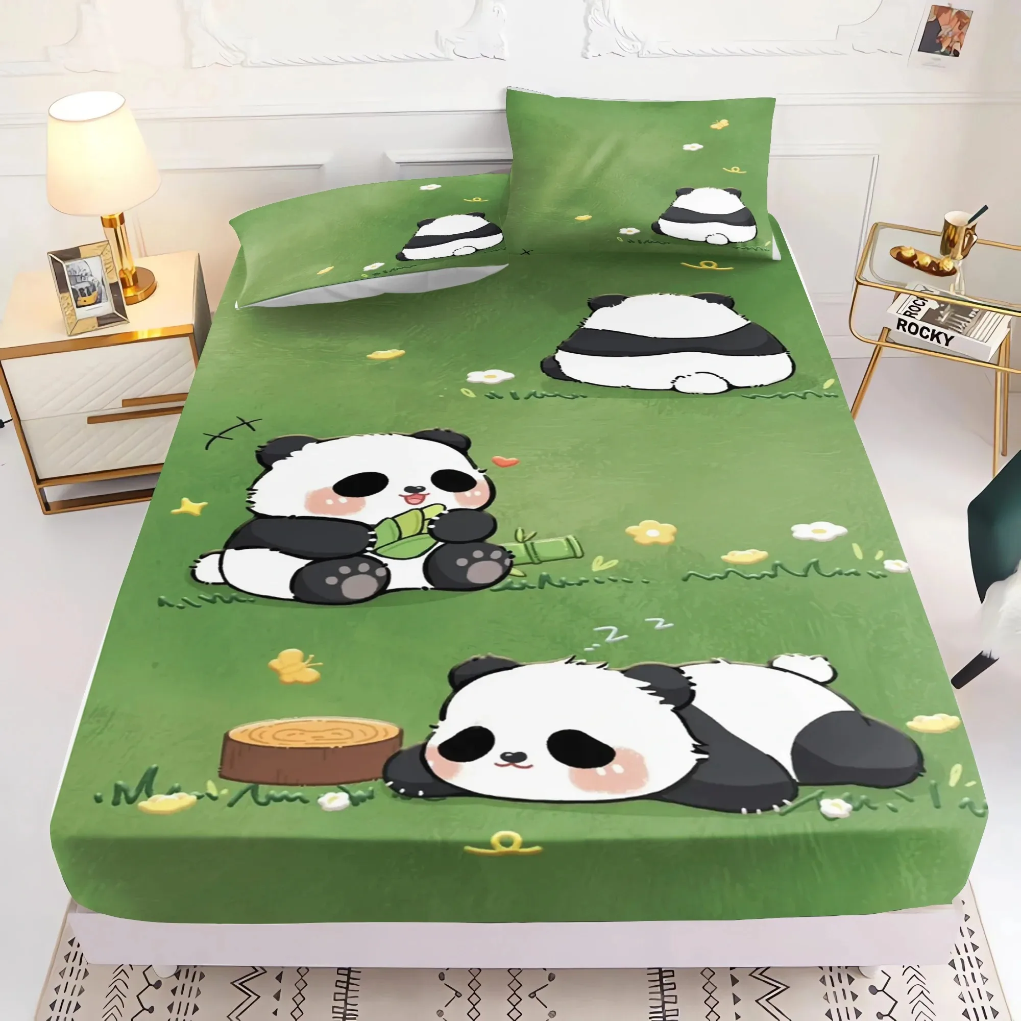 

Panda cartoon bed sheet kids bed sheet with pillowcase cute cartoon style bed sheet, home bedroom decoration 2/3pcs