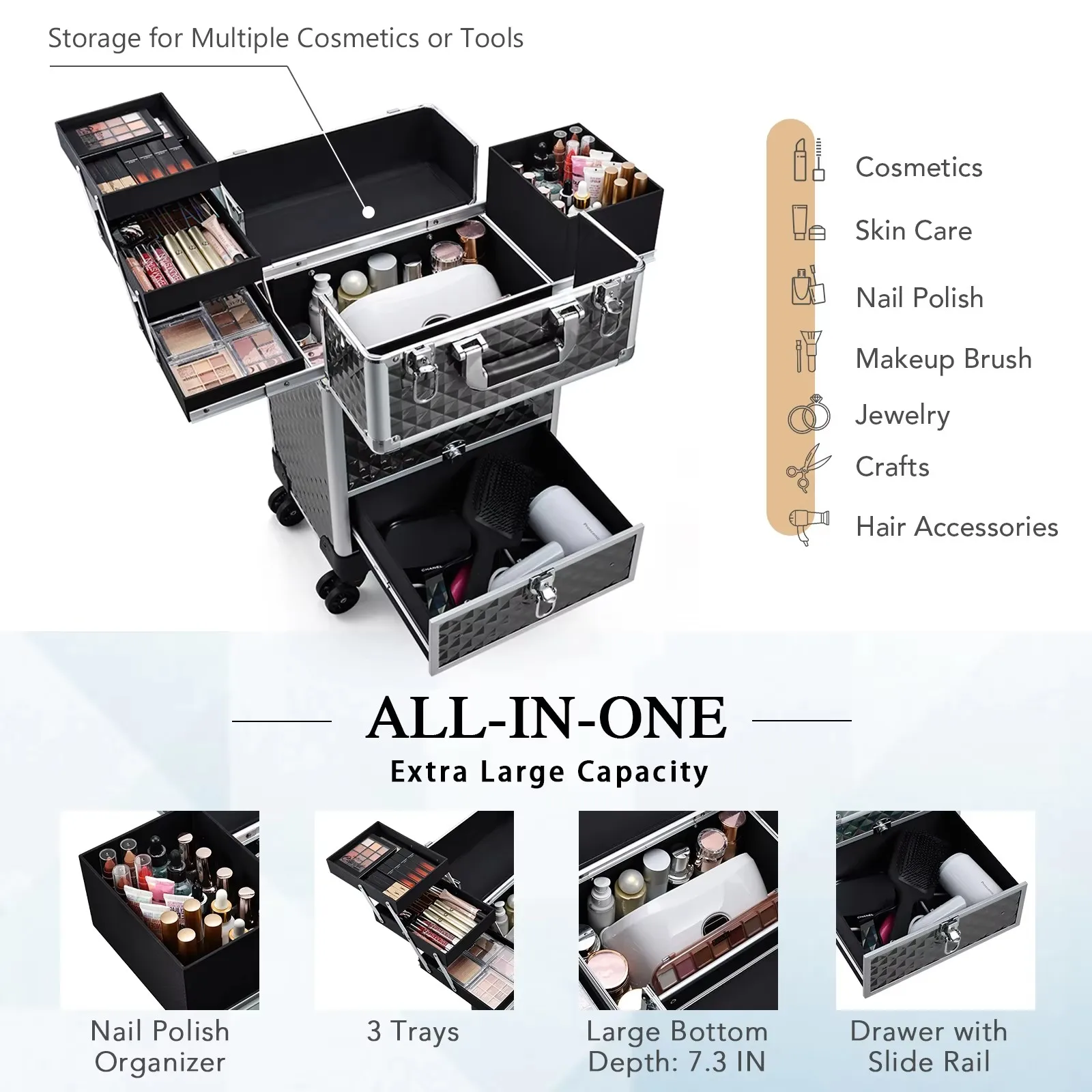 Professional Makeup Suitcase with Wheels Large Storage Cosmetic Trolley with Slide Drawer Lock Rolling Make-up Case Nail Tech