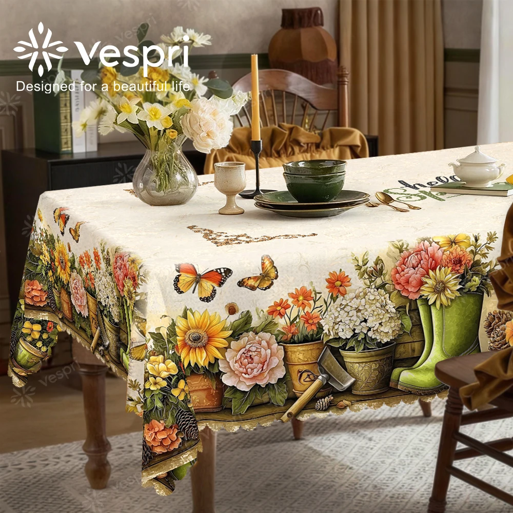 Camping - Cottage-tafelkleed met tuinschoenen, madeliefjes en vetplanten,