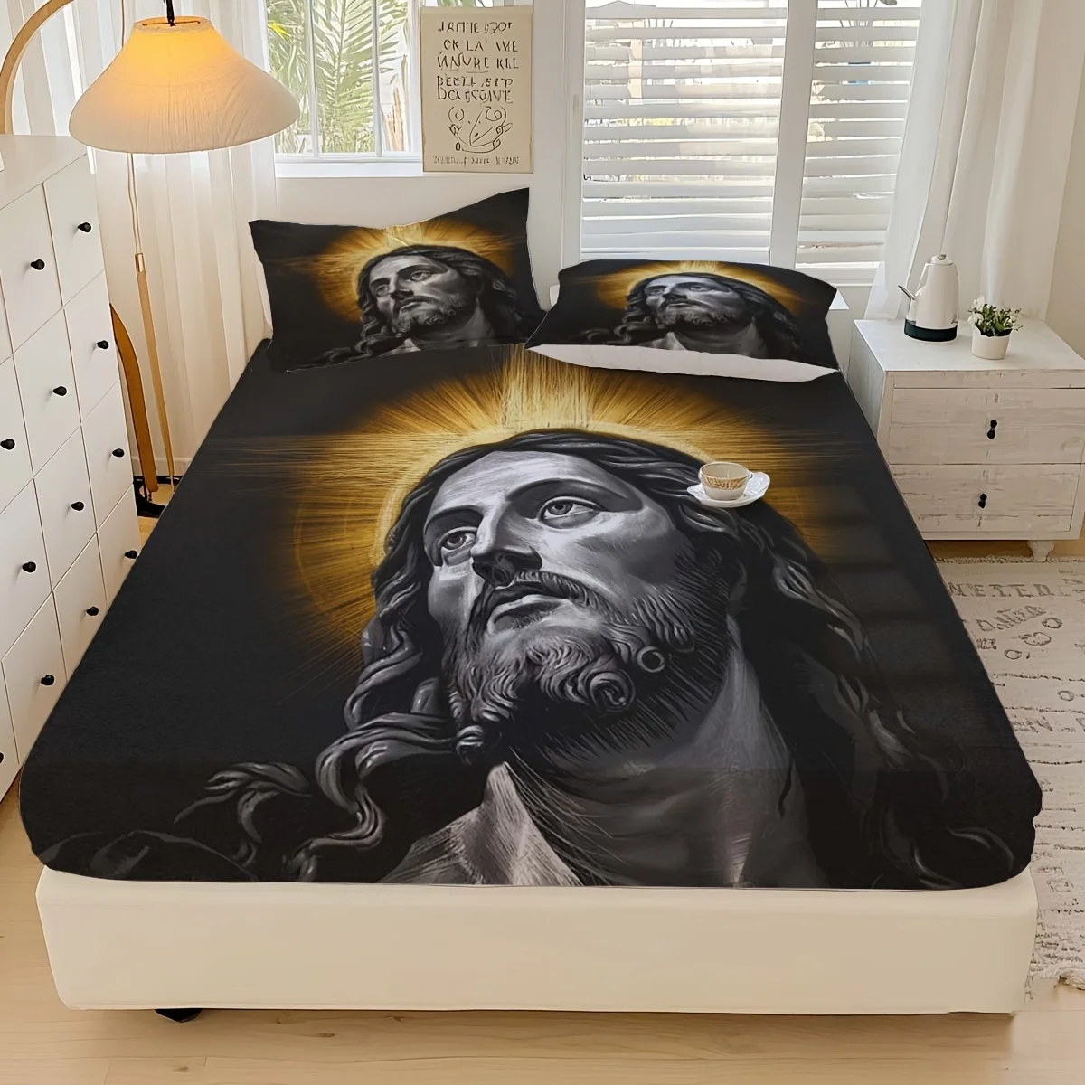 3pcs Jesus Bedding Set Black Sheets, Mattress Protector, Breathable And Soft for All Seasons, Durable Tear-Resistant Polyester,