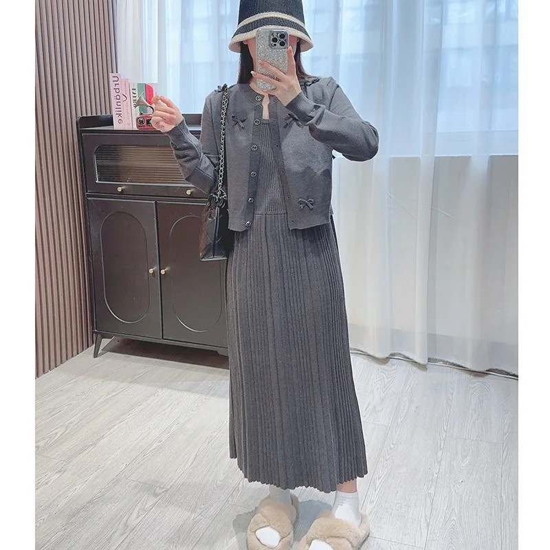 

Women Knit Two Piece Dress Sets Cardigan Round Neck Single Breasted Sweaters A Line Dresses Folds Casual Elegant Autumn