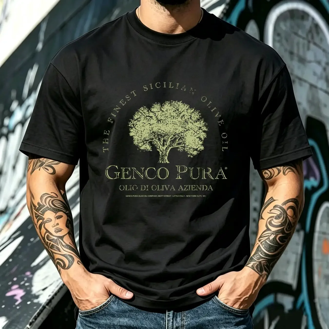 washed T Shirt Genco Olive Oil Company Godfather Mafia Movie long sleeves vintage Washed Stylish Casual Breathable