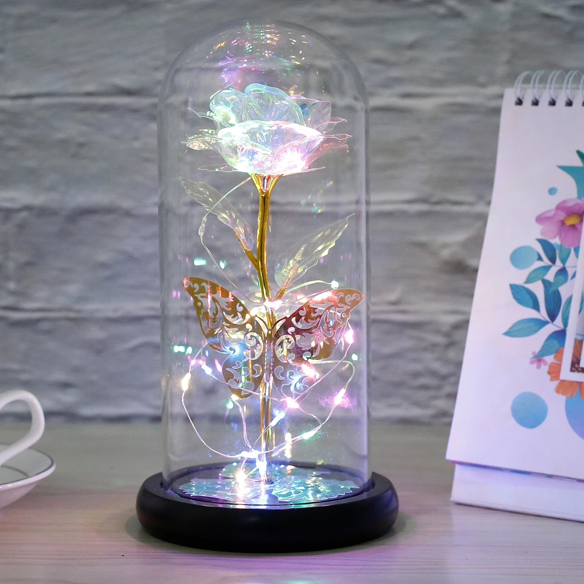 Faux Galaxy Rose Light with butterflies and colorful LED glass rose battery powered wedding gift Mother's Day Valentine's Day