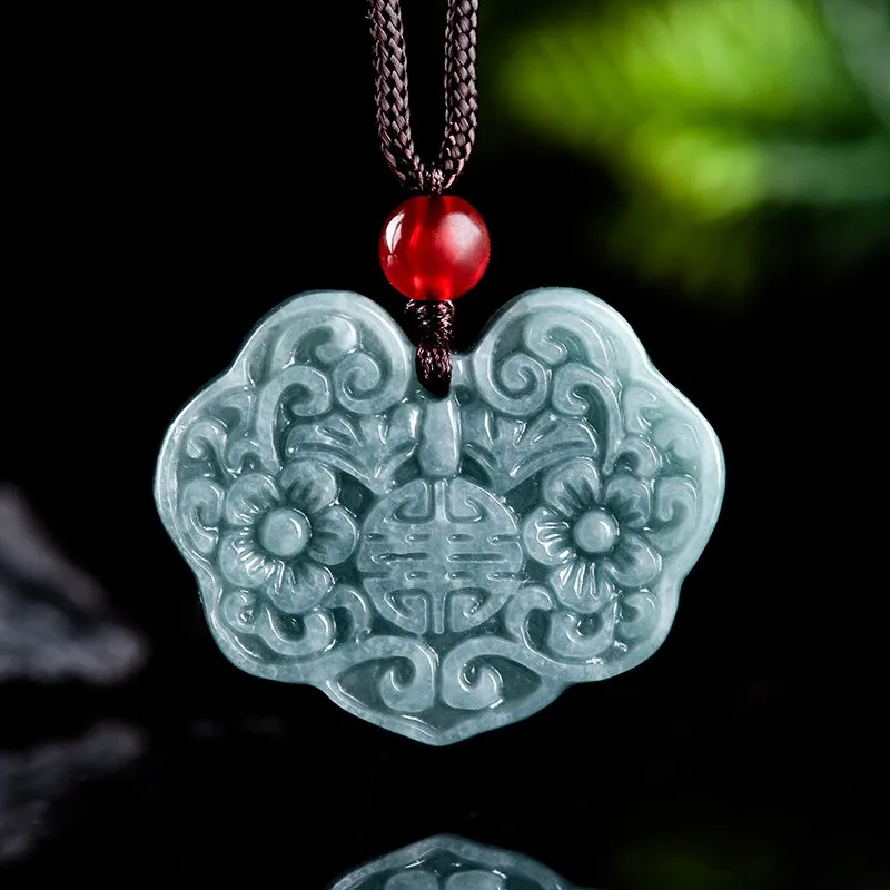 Natural Green Jadeite Hand-carved Peace Lock Jade Pendant Fashion Boutique Jewelry Men and Women Necklace
