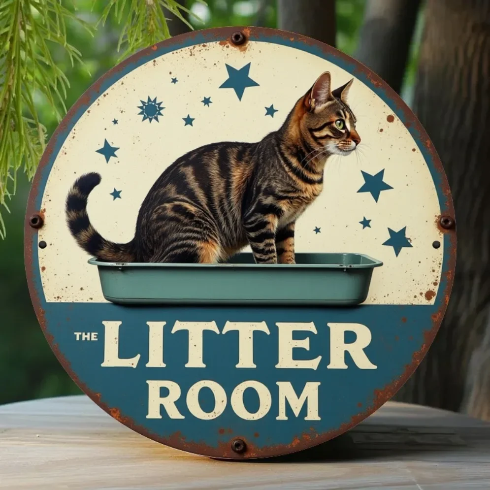 Vintage Cat Litter Room Metal Wall Sign – Humorous Tabby Cat-in-Tray with Stars Design | Rustic Retro Home Decoration