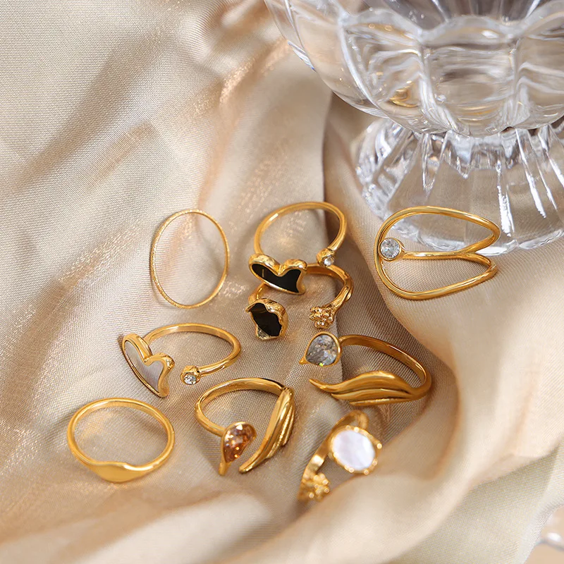 CARLIDANA Vintage Stainless Steel Round Hollow Stud Rings Waterproof Colorful Crystal Stone Open Rings Jewelry for Women Girls