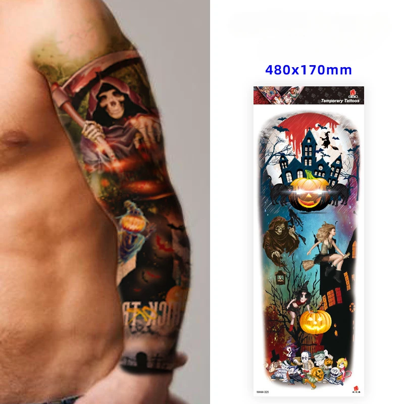 Halloween New Full Arm Tattoo Stickers, Funny Demon Death God Terrifying Pumpkin Spider Waterproof Tattoo temporary tatto