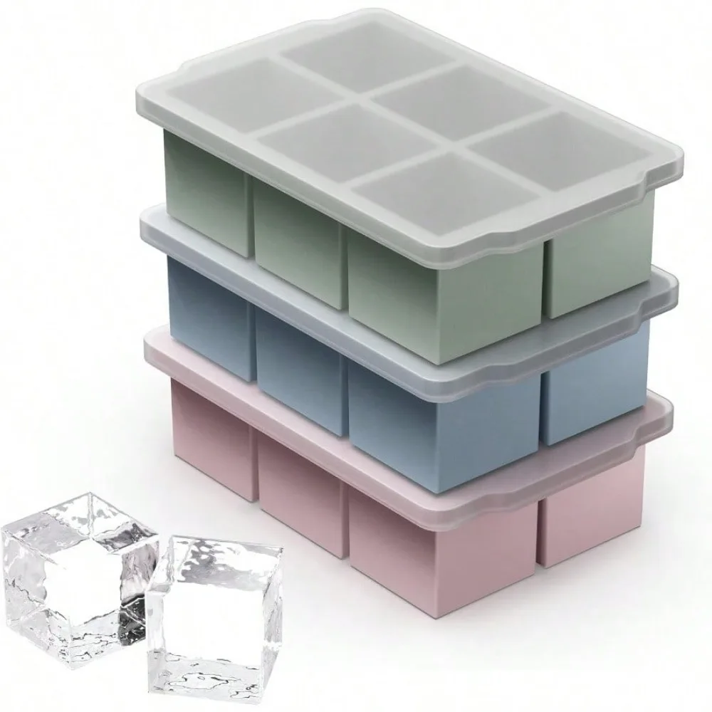 

3 Packs Large Ice Cube Molds with Lid and Bin,Easy Release Ice Cube Trays,Silicone Ice Cube Molds Apply for Whiskey Cocktail