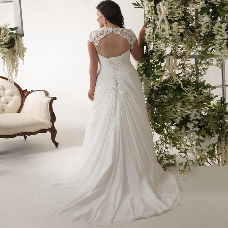 Plus Size Wedding Dresses Stock Customized Cap Sleeve V-neck Lace Applique Chiffon Beach Bride Dress Vestido De Novia