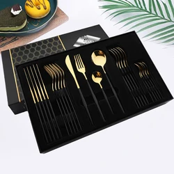 Black Gold 24Pcs Stainless Steel Tableware Cutlery Set Dinnerware Knife Fork Spoon Silverware Set Flatware Set Luxury Gift Box