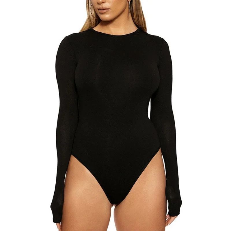 

European Station Long Sleeve Nightclub Solid Color Leggings Jumpsuit Spring Autumn Round Neck Homewear Women's Pants