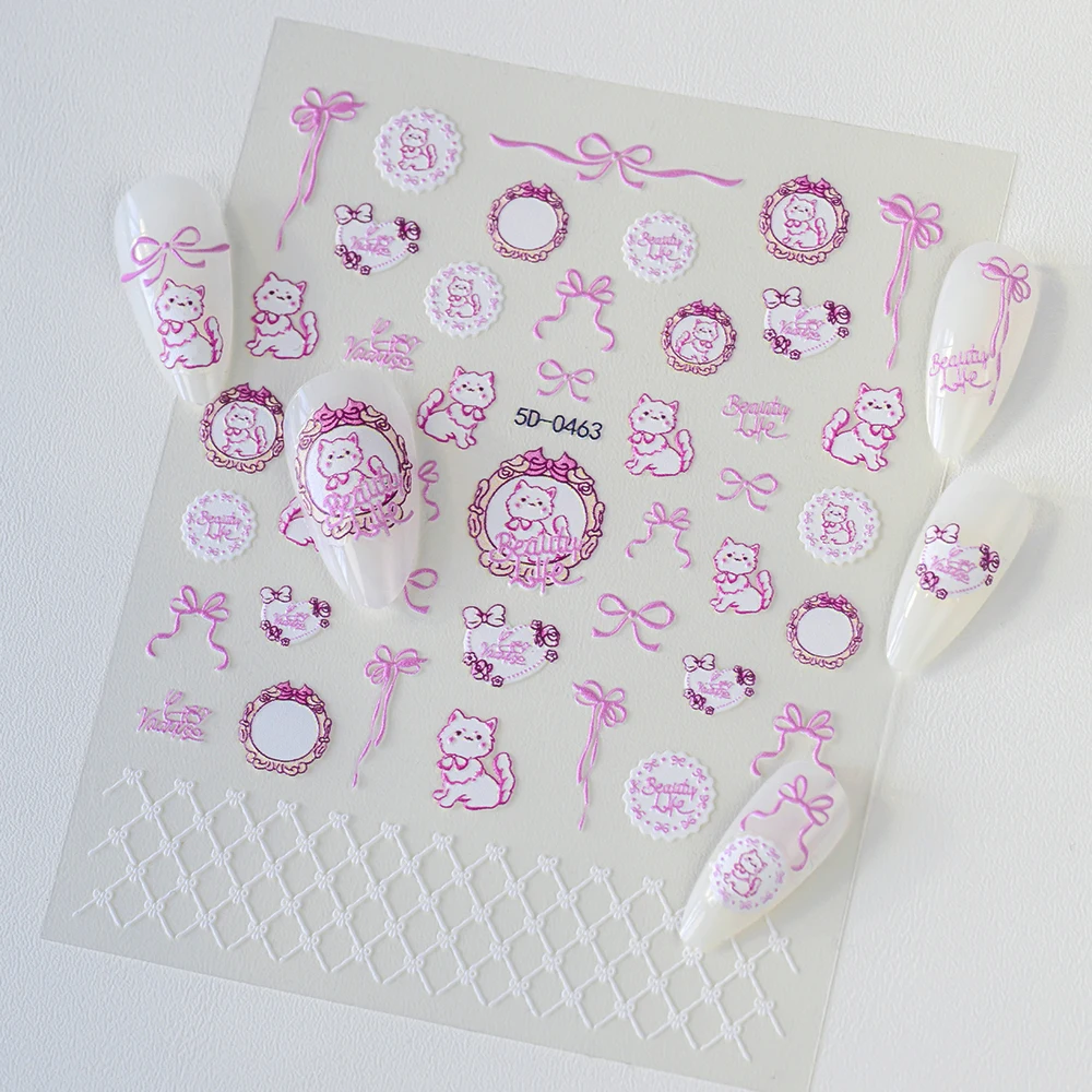 1 Stuks 5D Elegante Roze Kat/Strik Nail Art Stickers Lint Rooster Kant Frame Zelfklevende Nail Decals leuke Manicure Decor Glijbaan