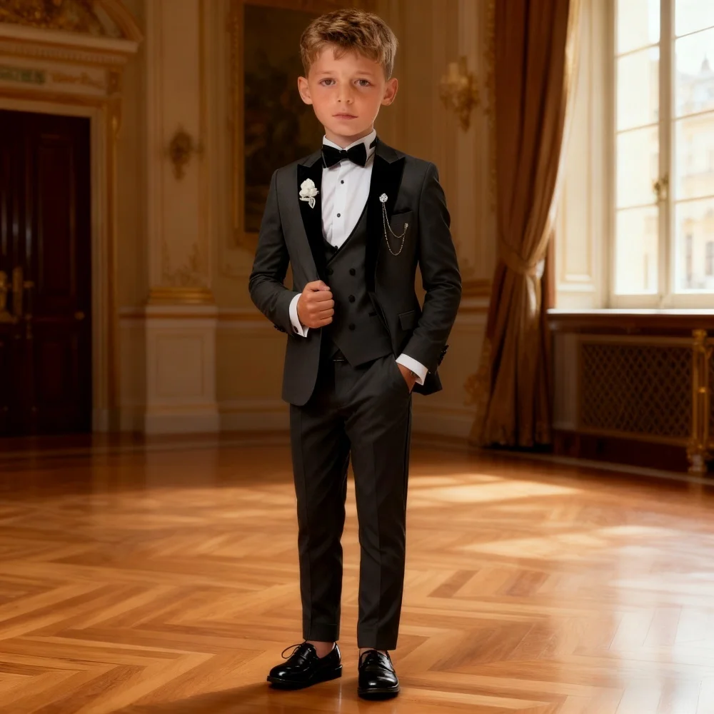 

10 Days Delivery Formal Suit For Children Wedding Suit For Boy Suit School Graduation Black Velvet Lapels Stage Performance