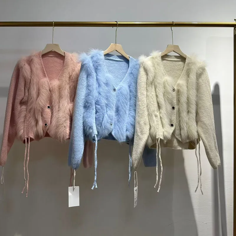 

Short Fur Trim Knitted Cardigan Long Sleeve Female Luxury High Quality Autumn Sweater Women Genuine Fox Fur Stripe Open Stitch