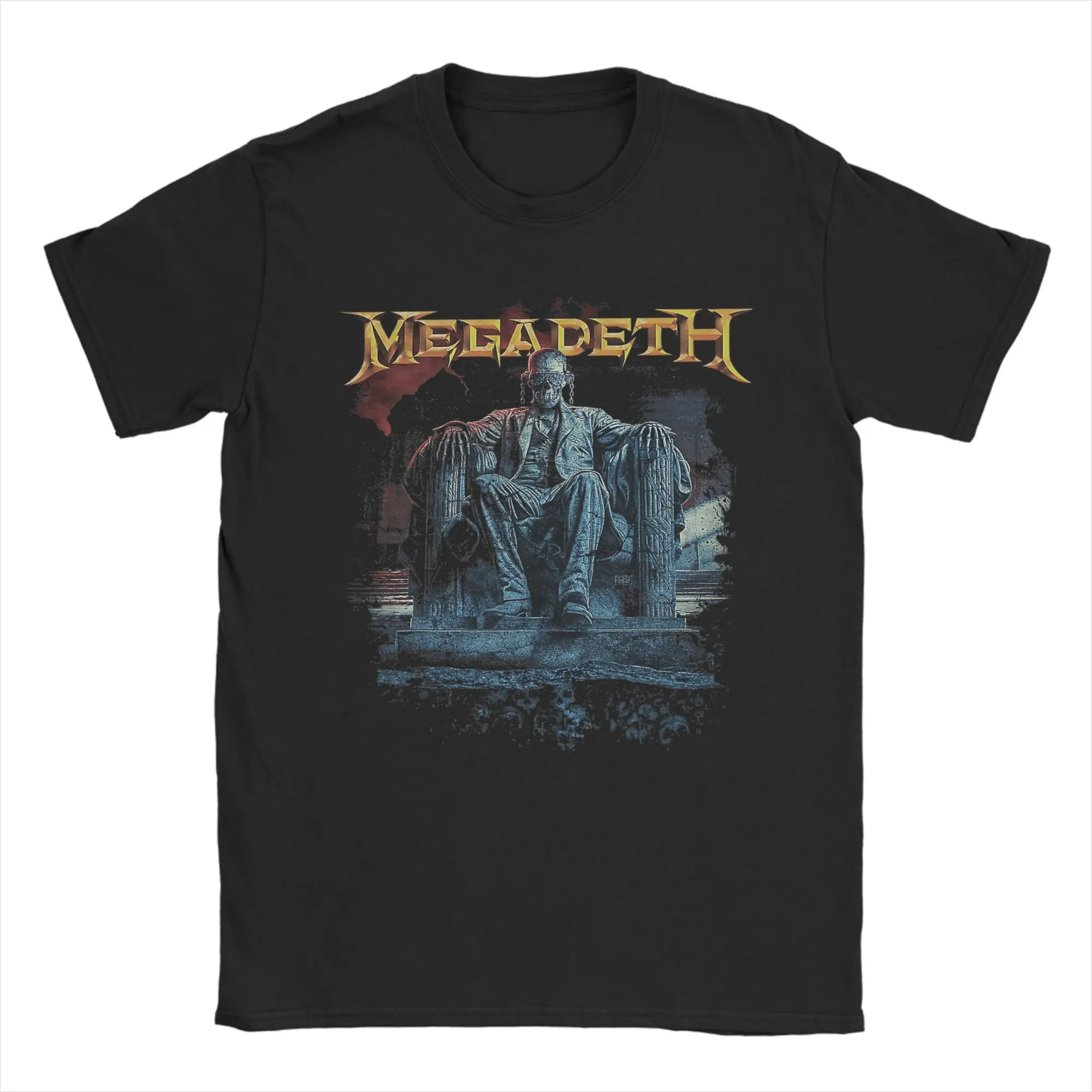 Men T-Shirt Megadeth Band Vic Rattlehead Statue Dark Poster Vintage Pure Cotton Tees Short Sleeve  T Shirts O Neck Clothing