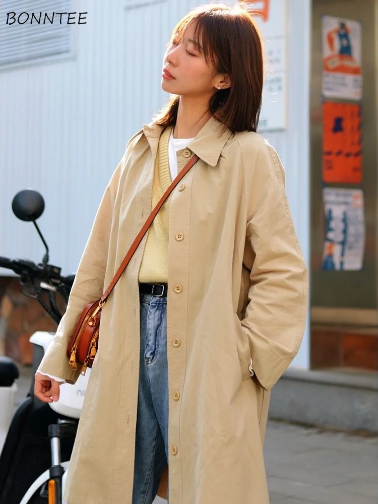 

Trench Women Long Loose Vintage Minimalist Office Lady Japan Style Basic All-match Pure Popular Outerwear Gentle Daily Harajuku