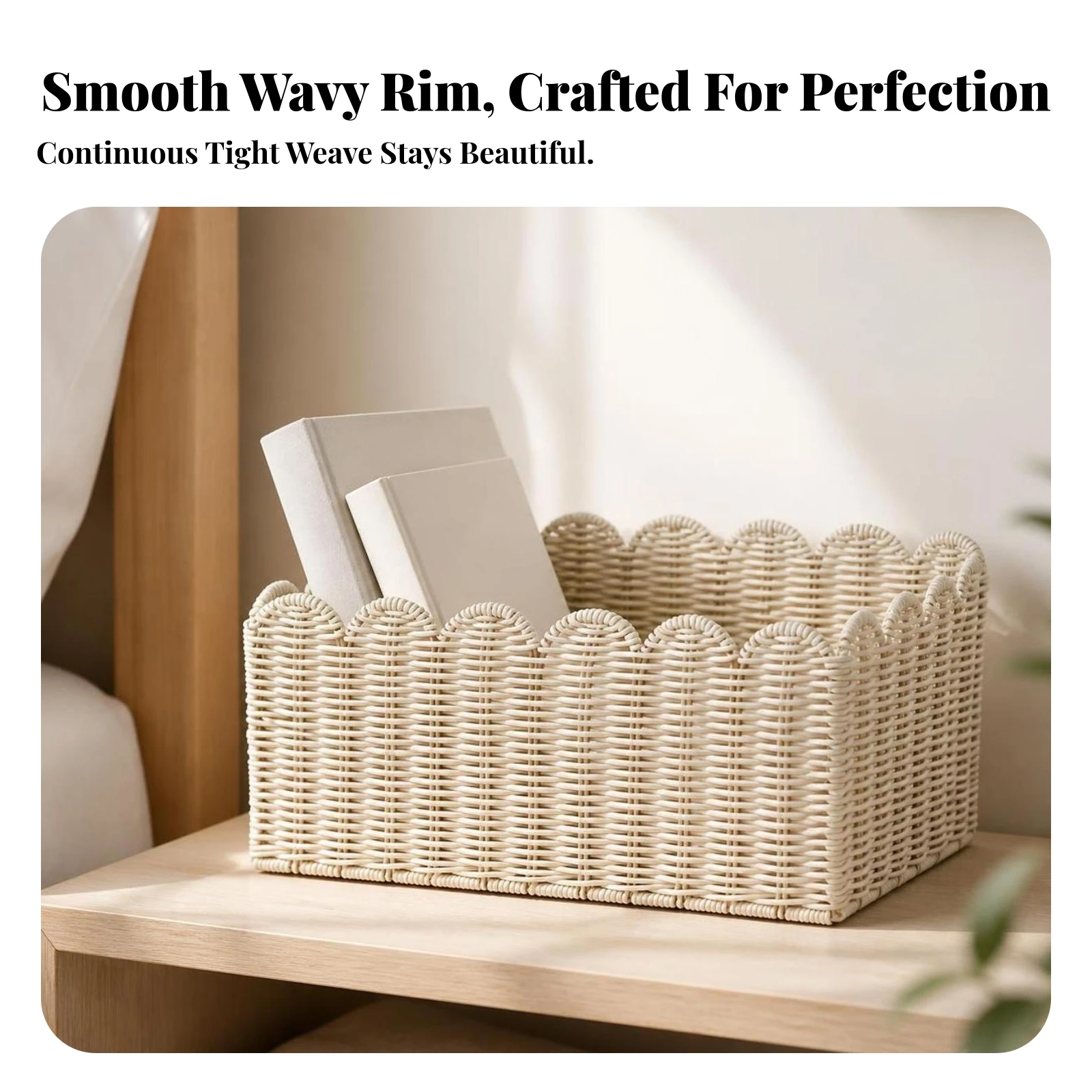 Woven Storage Basket with Scalloped Rim Long-Lasting Open-Top Shelf Organizer Open Storage Bin Natural Basket Box Practical