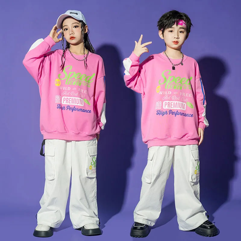 Kid Hip Hop Clothing Pink Letter Sweatshirt Top White Casual Wide Cargo Drawstring Pants for Girl Boy Jazz Dance Costume Clothes