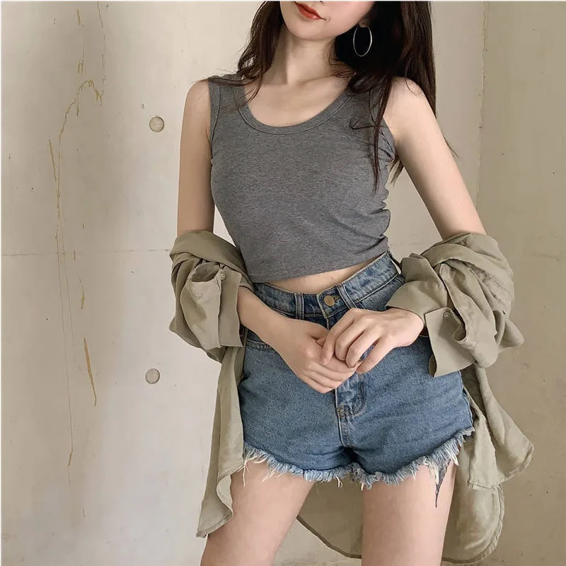White Knitted round Neck Sleeveless Camisole Crop Top for Women Sexy Tight Stretch Tank Top Streetwear Ladies Tee