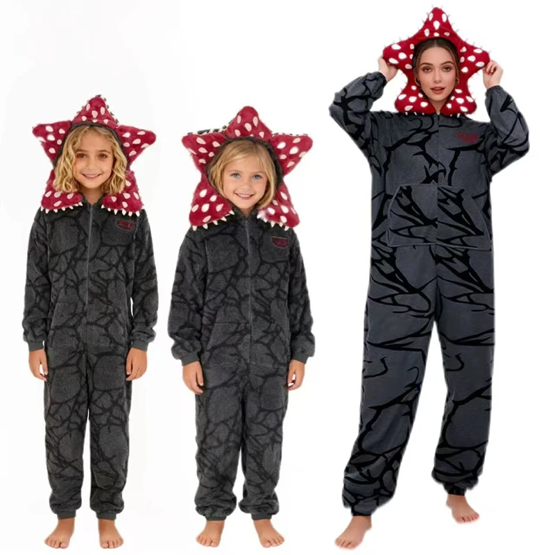 

Family Pajamas Thicken Cannibal Flower Plant Design Flannel Fabric Adult Kids Character For Festive Christmas Themed Jumpsuit