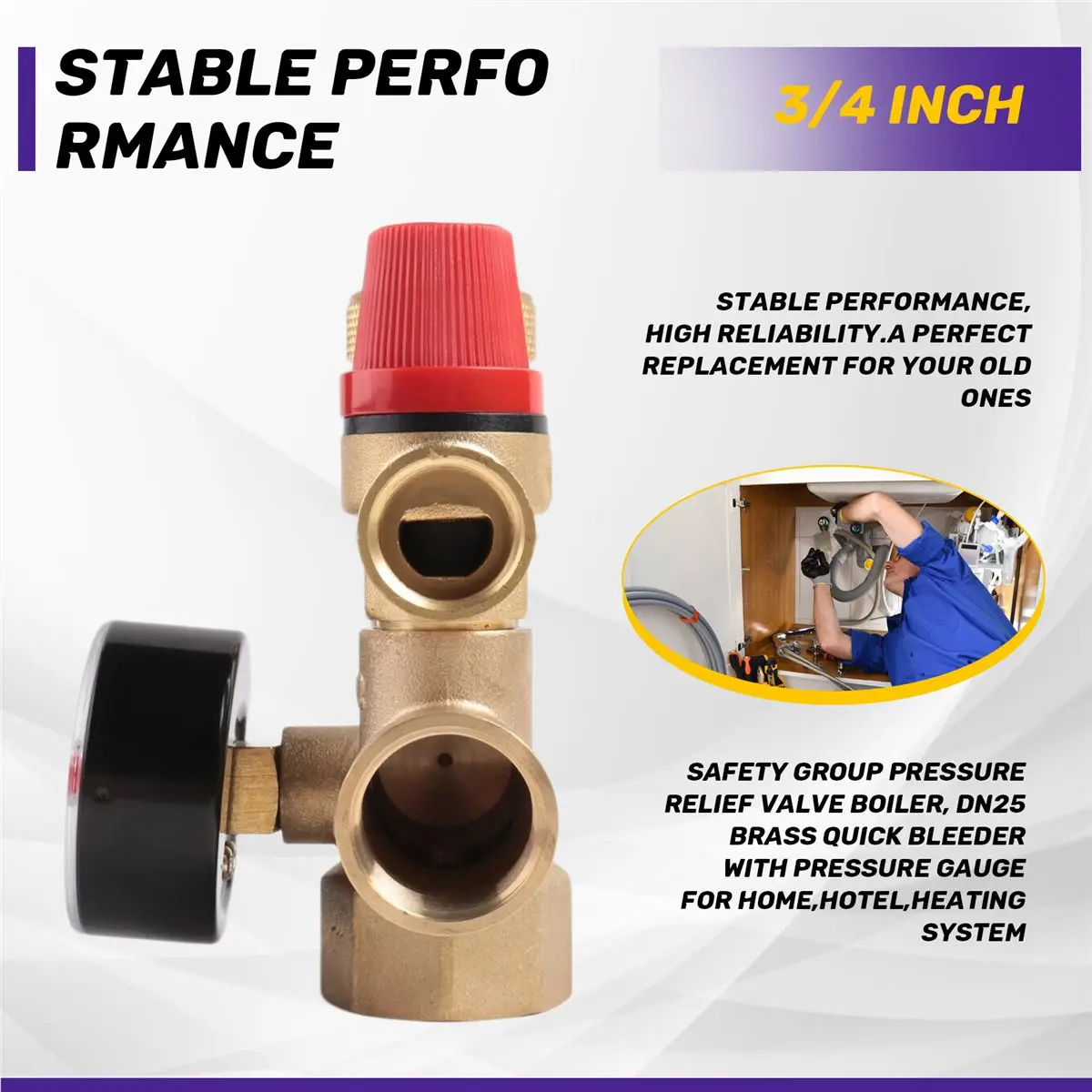 HGHO Safety Group Pressure Relief Valve Boiler, DN25 Brass Quick Bleeder with Pressure Gauge for Home,Hotel,Heating System