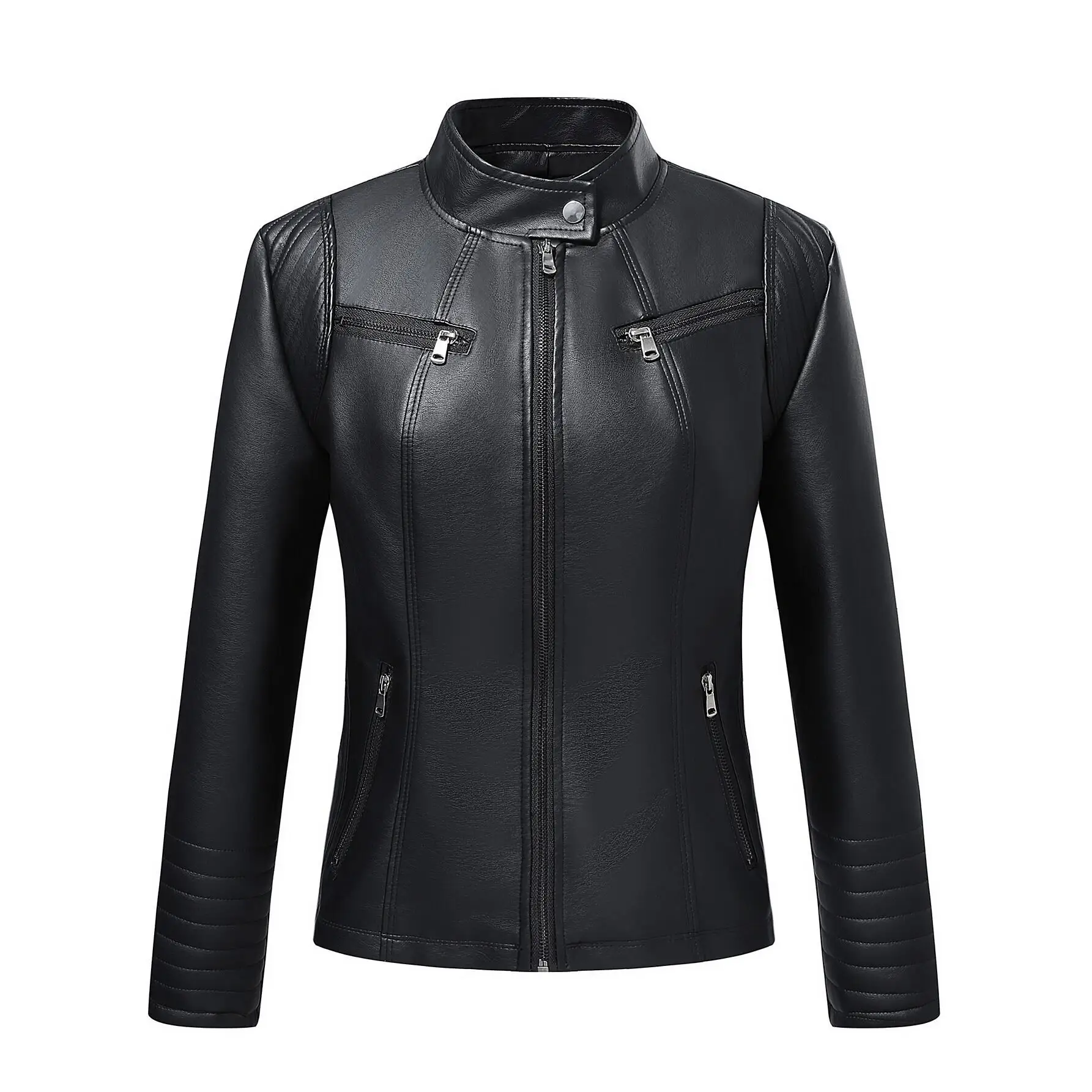 Fashionable Motorcycle Jacket Women's Short PU Leather Coat Slim Fit Stand Collar Spring Autumn Outerwear Stylish Versatile