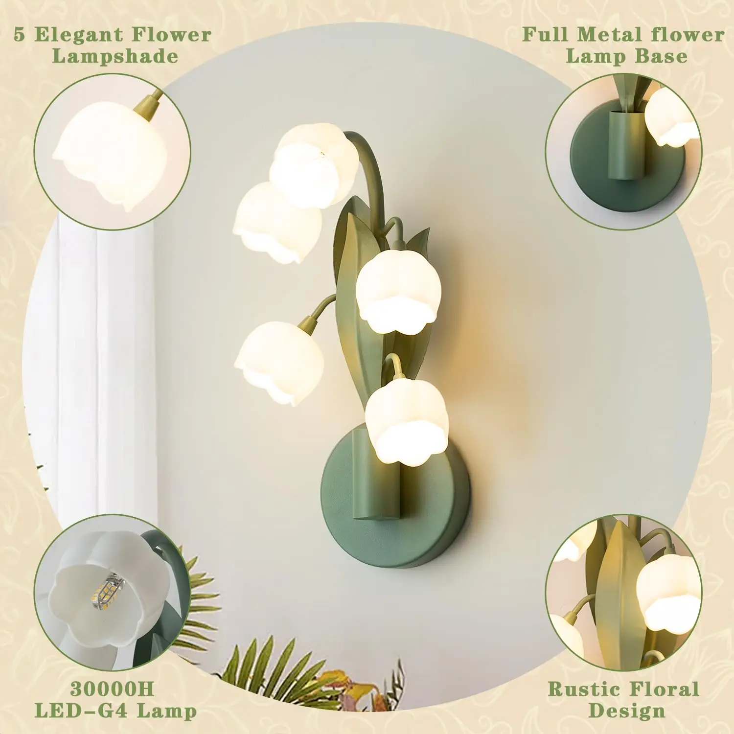 Applique Murale à Fleurs pour Chambre à Coucher, 5 Appliques de Muguet, 3 Modes de Documents, Luminaire Mural avec Ampoules LED G4