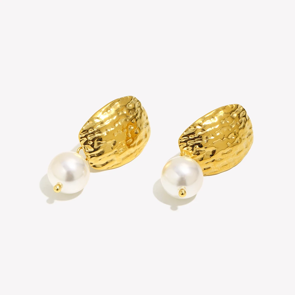 E.B.belle Elegant Style Hammer Pattern Pearls Pendant Stud Earring 18K Gold Plated Stainless Steel Fashion Women Ear Jewelry