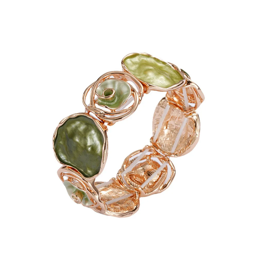 Geometric Enamel Hollow Rose Flower Elastic Bracelet Vintage Fashionable Adjustable Chunky Bangle Jewelry for Women New
