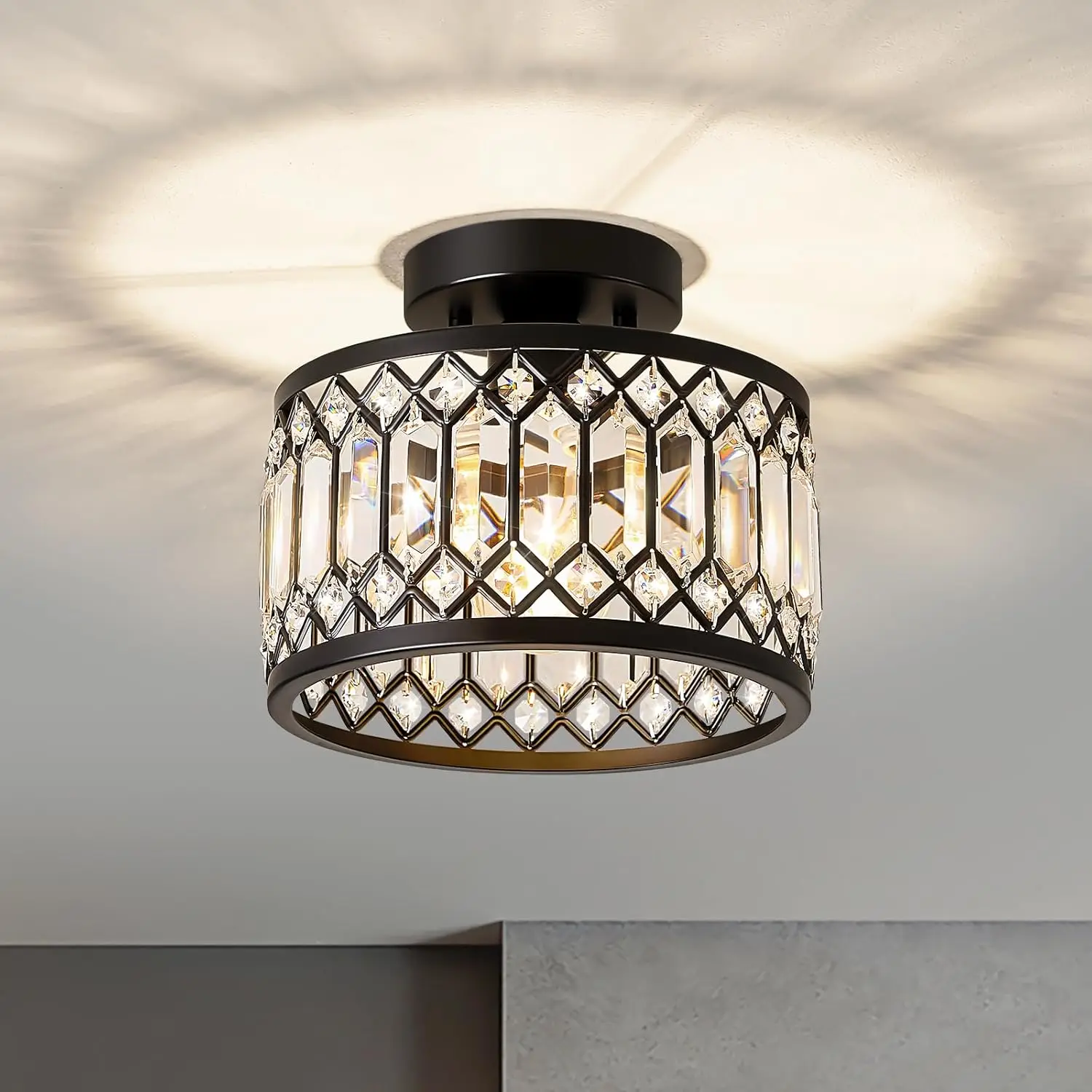 Cristal Preto Luz De Teto, moderno Semi-Flush Mount Teto Luminária, Rodada Corredores De Iluminação