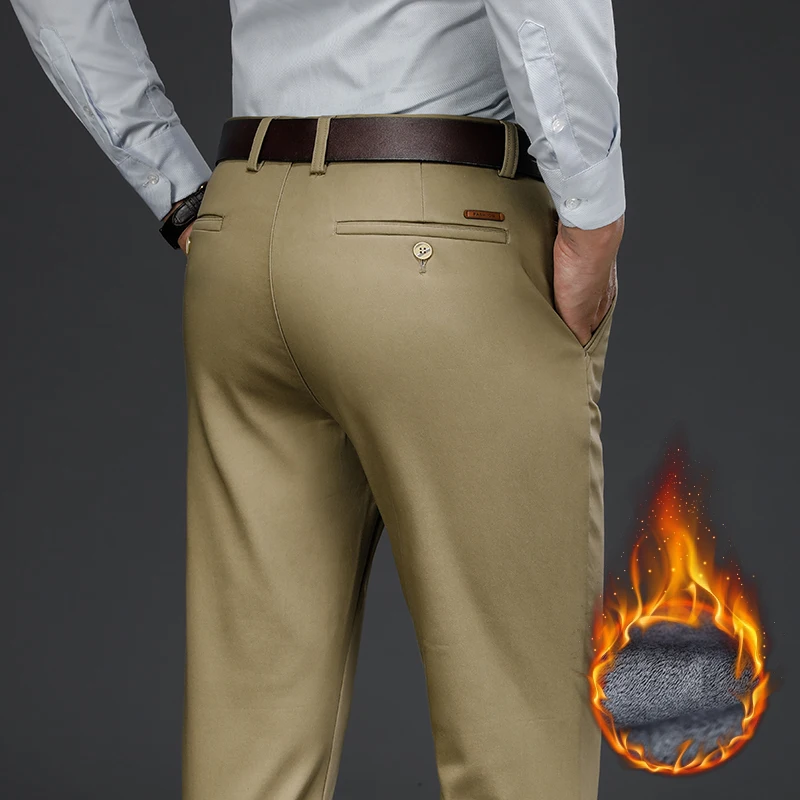 

Winter Brand New Classic Business Men Fitted Straight Fleece Pants Quality Thick Warm Youth Office Casual Trousers Khaki Black