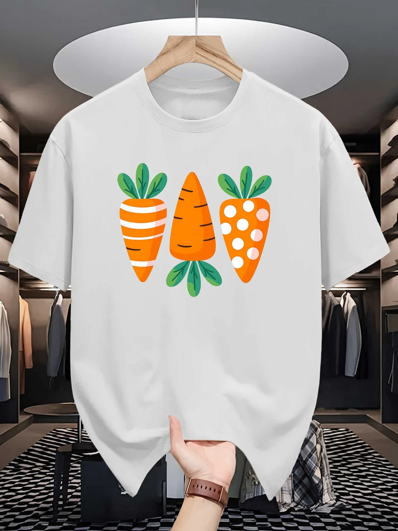 Cute Easter Carrot Print Men T Shirt Striped Polka Dot Carrot Short Sleeve Tees Soft Casual Tops Holiday Gift Summer Male Outfit