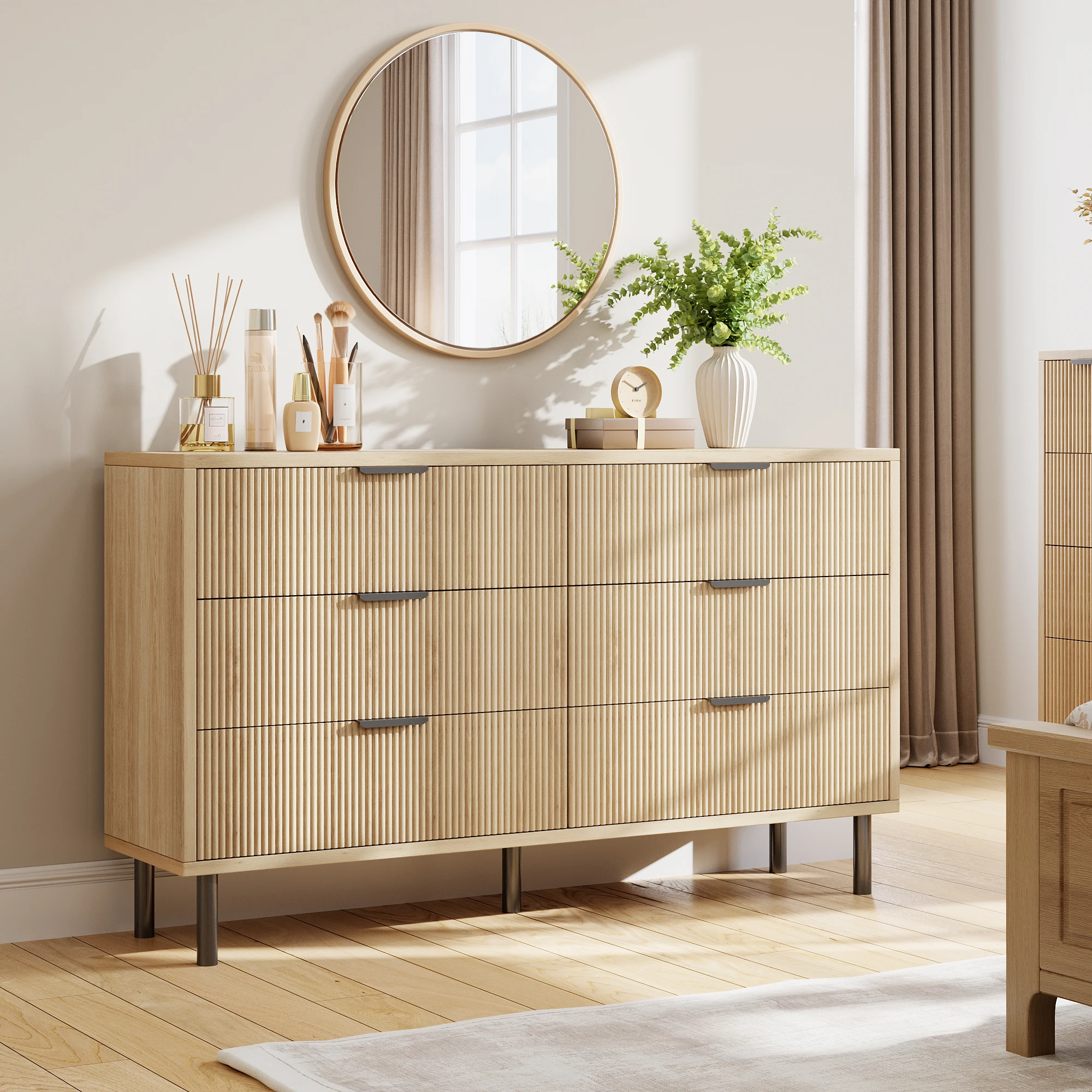 GarveeLife Spacious Modern Chest of Drawers – 6-Drawer Wide Double Dresser, Sturdy Wooden Storage Cabinet, Fluted Design with Metal Legs & Handles, Anti-Tipping Safety, Organizer for Bedroom, Living Room, or Hallway
