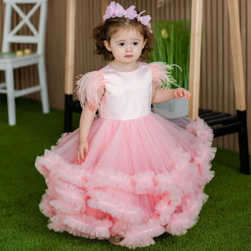 Light Pink Flower Girl Dresses Tulle Tiered Hem Feather Sleeve For Wedding Birthday Banquet First Communion Gowns