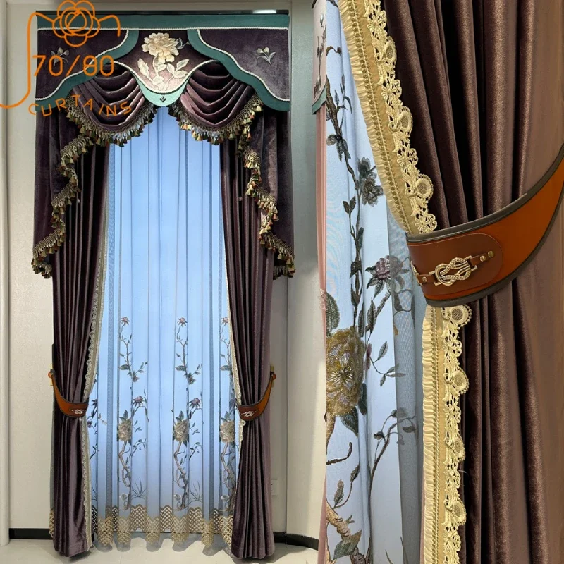 Countryside Embroidered Gauze Curtains Purple Velvet Lace Splicing Thickened Curtains Customized for Bedrooms Living Rooms